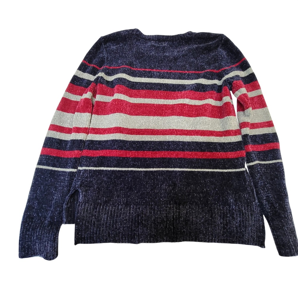 Maison Jules Womens Chenille Striped Sweater Navy Red Grey Crew Neck Small NEW